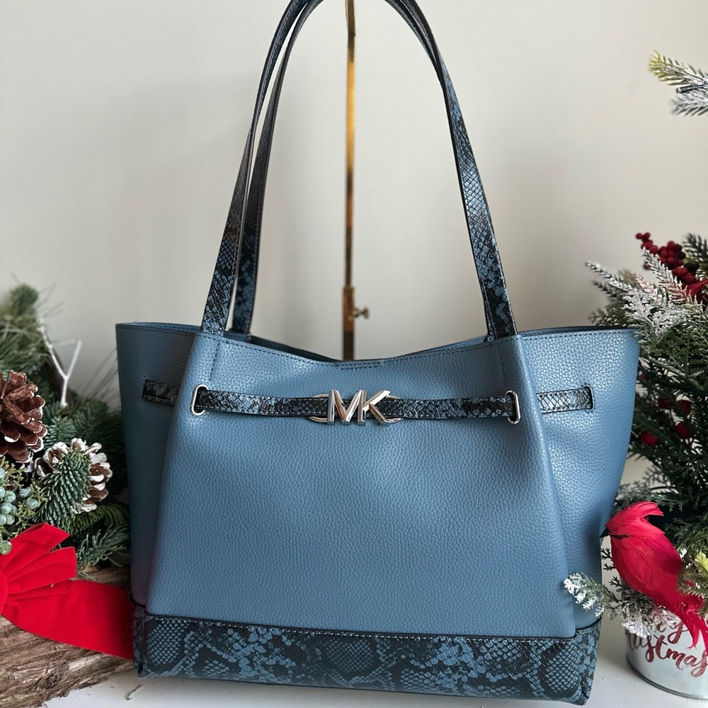 NWT Michael Kors Reed Large Belted Snakeskin Pebbled Leather Tote Denim Blue